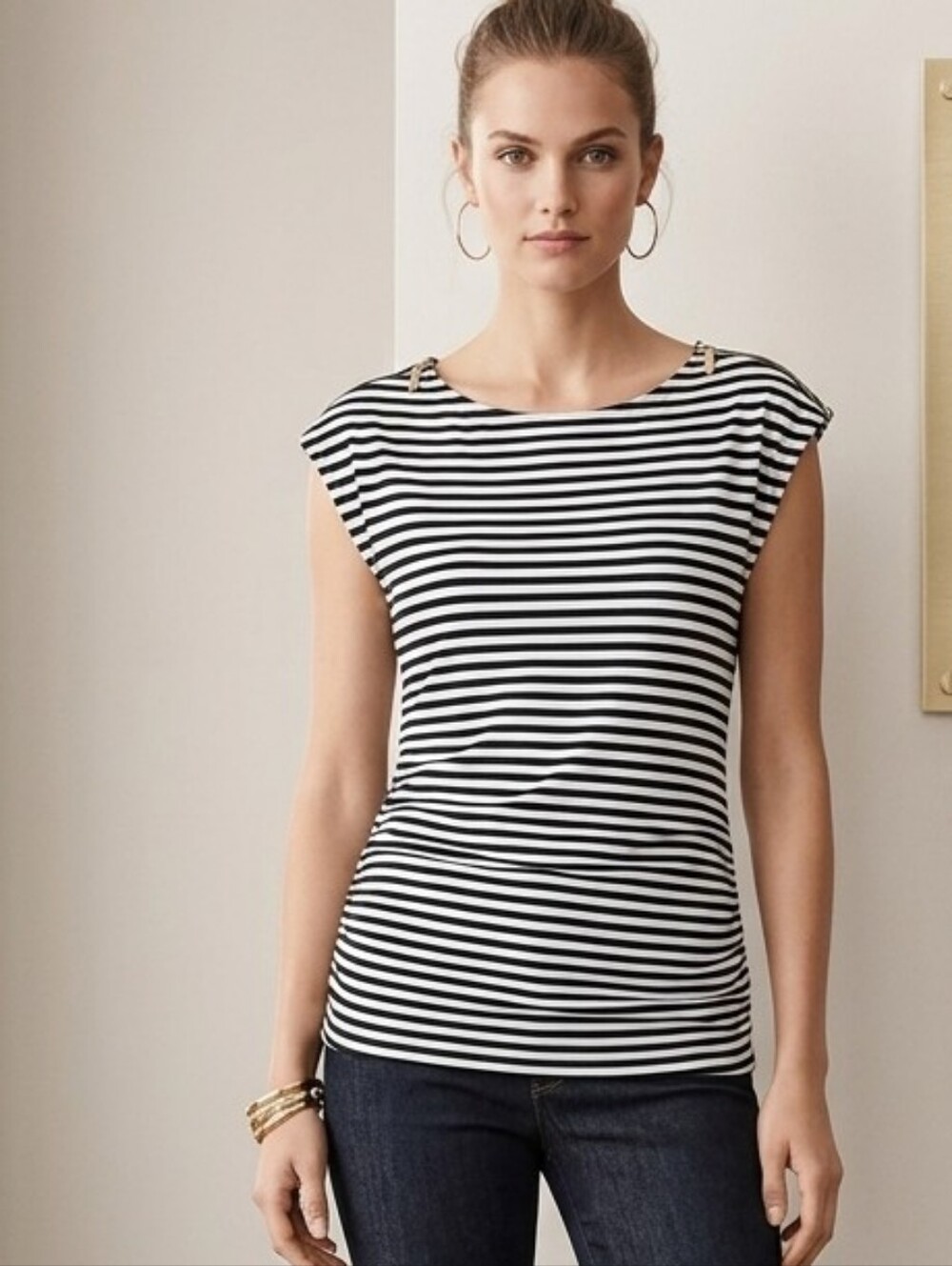 Michael Kors Black and White Striped Zip-Shoulder Tee
